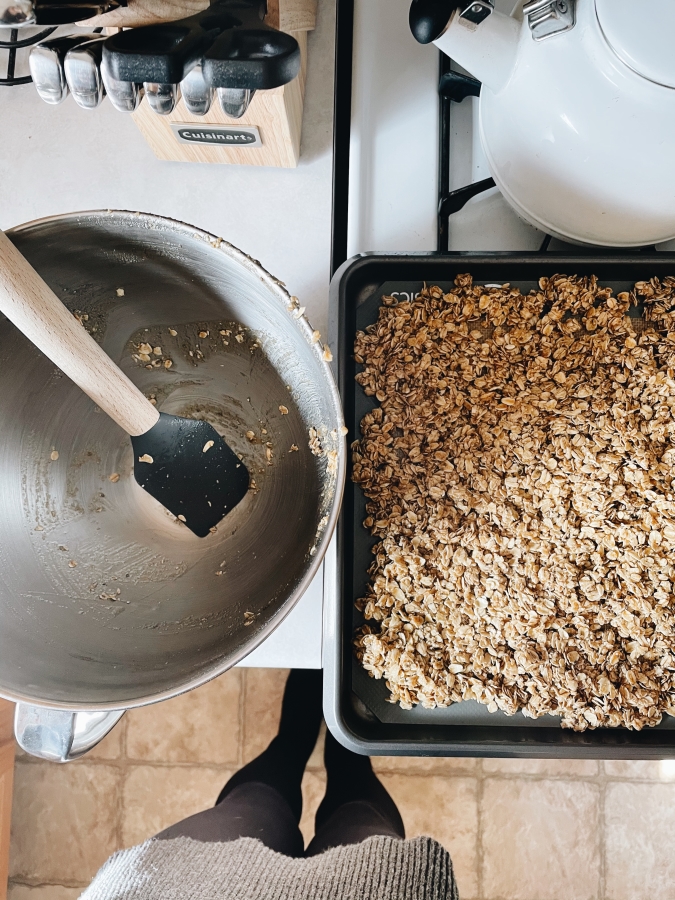 Baking homemade granola recipe in the kitchen