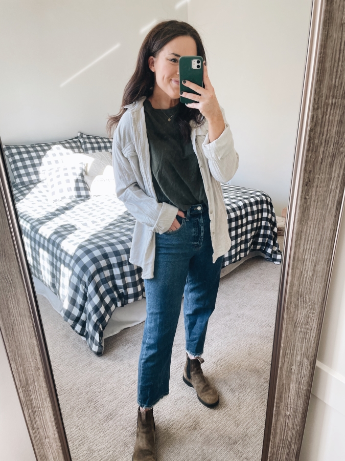 Fall flannel and casual jeans and boots outfit
